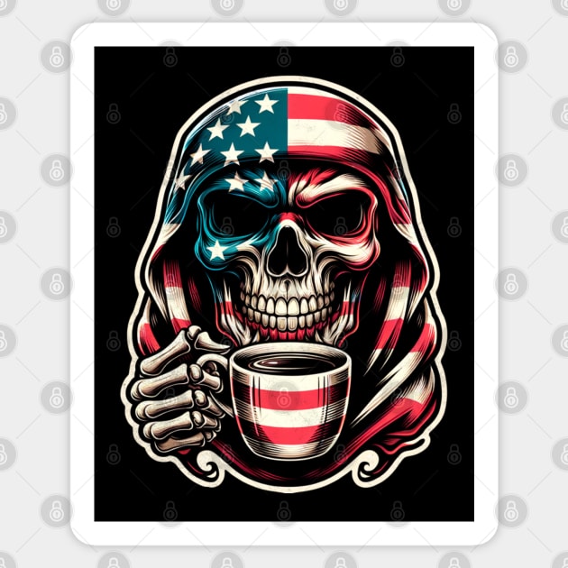 USA Patriotic American Flag Skull Caffeinated Coffee 4th of July  Coffee Lover Sticker by Carantined Chao$